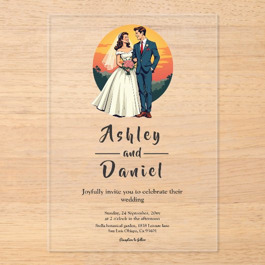 ロマンエレガントティックな新郎新婦サンセット結婚ズ アクリル招待状 (正面)