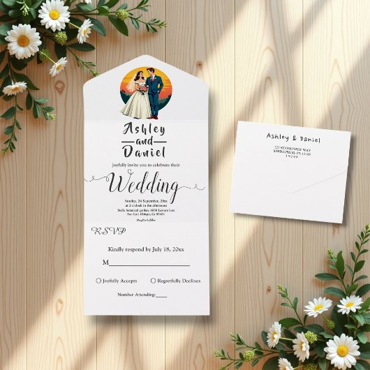 ロマンエレガントティックな新郎新婦サンセット結婚ズ オールインワン招待状