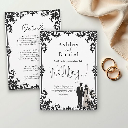 ロマンエレガントティックな白黒のカップル結婚ズ 招待状