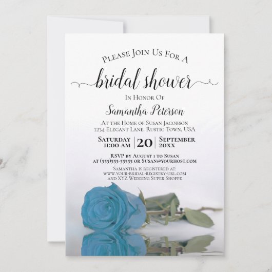 ロマンエレガントティックターコイズブルーバラブライダルシャワー 招待状 (正面)