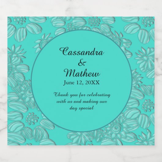 ロマンエレガントティックデイジーフローラ結婚ターコイズ スパークリングワインラベル (シングルラベル)