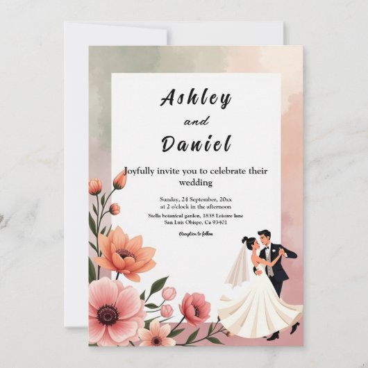 ロマンエレガントティックバラ新郎新婦フローラ結婚ズ 招待状 (正面)