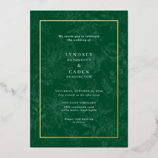 ロマンエレガントティックフローラエメラルドグリーン結婚ズ金ゴールド 箔招待状 (正面)