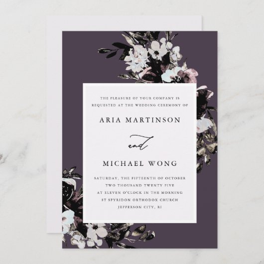 ロマンエレガントティックフローラパープル結婚ズ 招待状 (正面/裏面)