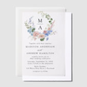 ロマンエレガントティックフローラリースモノグラ結婚ムの ベラム紙招待状 (オフセット)