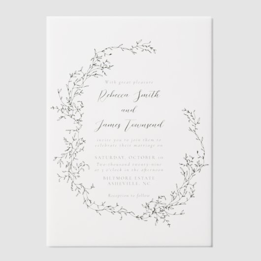 ロマンエレガントティックリース植物性フローラ結婚ズ ベラム紙招待状 (正面)