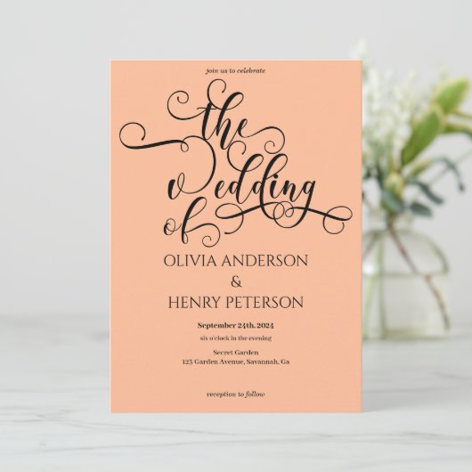 ロマンエレガントティック書道台本結婚桃 招待状 (スタンド正面)