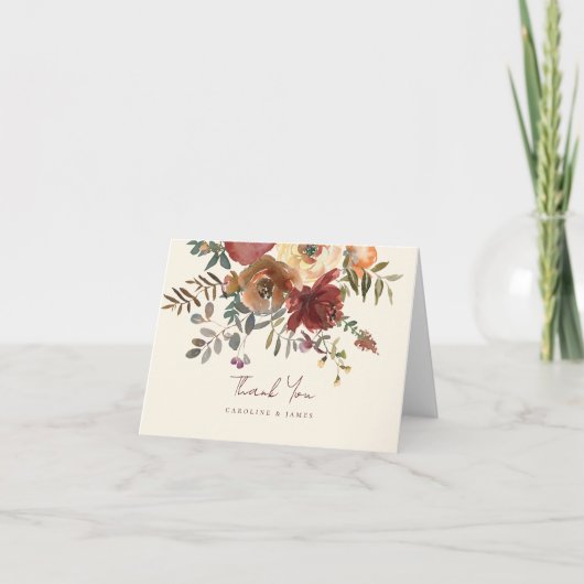 ロマンエレガントティック秋フローラ結婚レッド サンキューカード (正面)