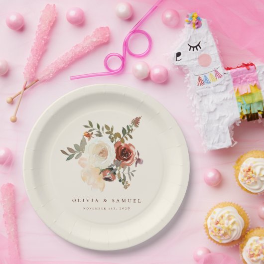 ロマンエレガントティック秋フローラ結婚レッド ペーパープレート (パーティー)