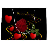 ロマンエレガントティック赤いハートバラ金ゴールドリボン ラージペーパーバッグ (裏面)