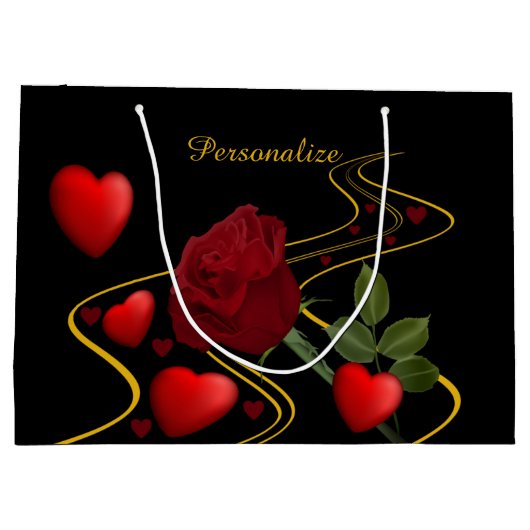 ロマンエレガントティック赤いハートバラ金ゴールドリボン ラージペーパーバッグ (裏面)