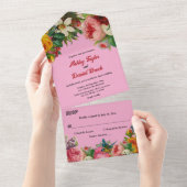 ロマンエレガントティック赤面ピンクサマーフローラ結婚ズ オールインワン招待状 (貼ってはがせる)