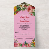 ロマンエレガントティック赤面ピンクサマーフローラ結婚ズ オールインワン招待状 (内側)