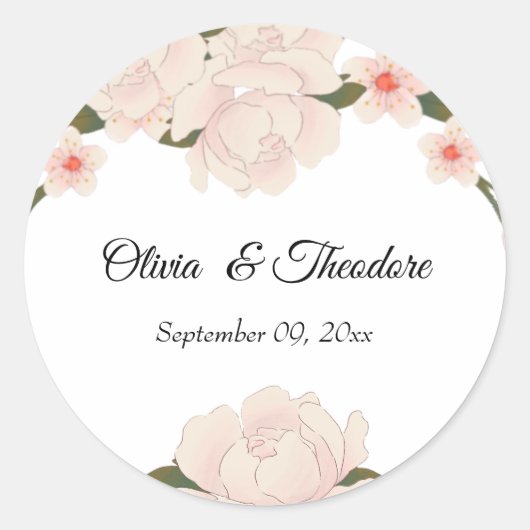 ロマンエレガントティック赤面ピンクフローラ結婚ブロッサム ラウンドシール (正面)