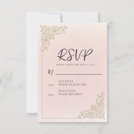 ロマンエレガントティック赤面ピンク金ゴールド 出欠カード (正面)