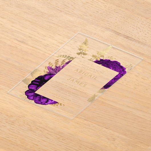 ロマンエレガントティパープル金ゴールドフローラ アクリル招待状 (レイダウン)