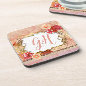 ロマンエレガントティピーチピンクフローラモノグラムの コースター (左側)