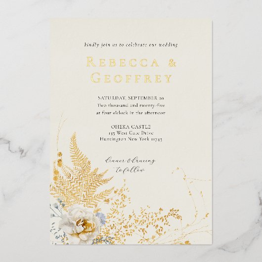 ロマンエレガントティファーンバラ結婚フローラ金ゴールド 箔招待状 (正面)