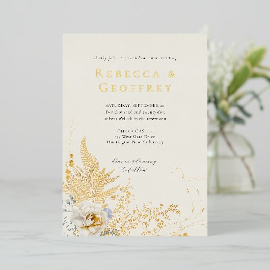 ロマンエレガントティファーンバラ結婚フローラ金ゴールド 箔招待状 (立ち正面)