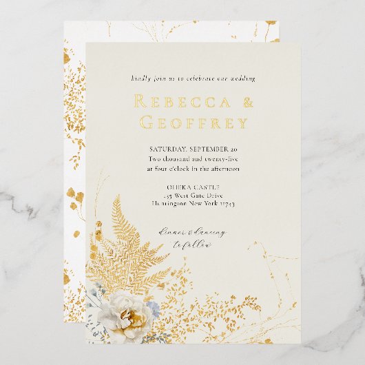 ロマンエレガントティファーンバラ結婚フローラ金ゴールド 箔招待状 (正面/裏面)
