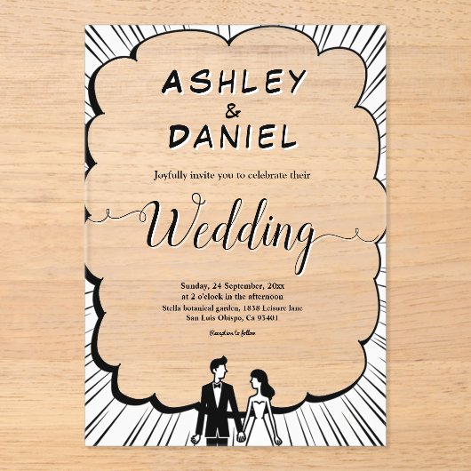 ロマンエレガントティブラック&ホワイト漫画ブック結婚ズ アクリル招待状 (正面)