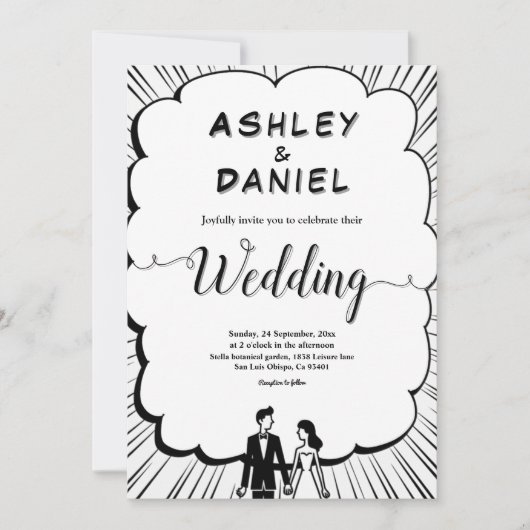 ロマンエレガントティブラック&ホワイト漫画ブック結婚ズ 招待状 (正面)