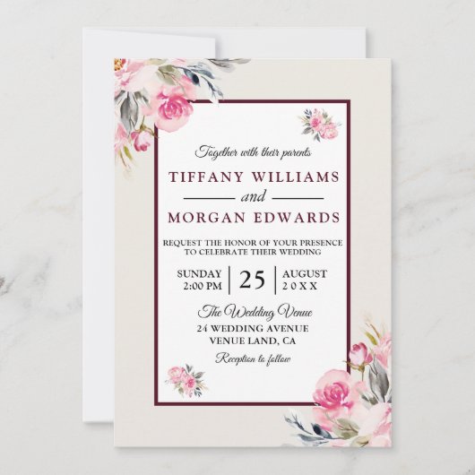 ロマンエレガントティブルゴーニュ赤面フローラ結婚ズ 招待状 (正面)