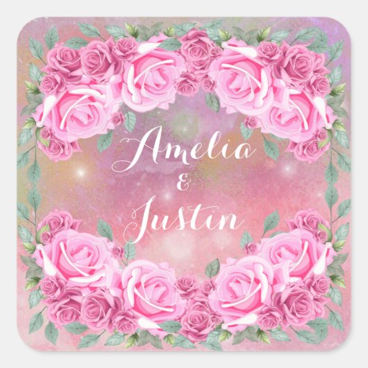 ロマンエレガントフェミニンティックなピンクのバラ スクエアシール (正面)