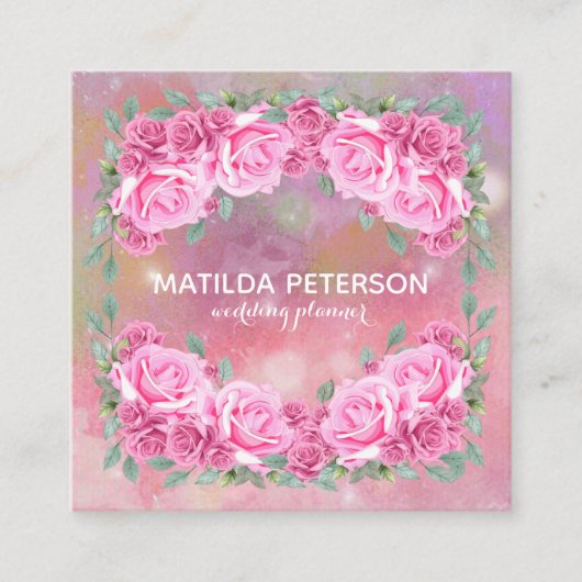 ロマンエレガントフェミニンティックなピンクのバラ スクエア名刺 (正面)