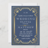 ロマンエレガント華美ティックなヴィンテージブルーの金ゴールド結婚 招待状 (正面)
