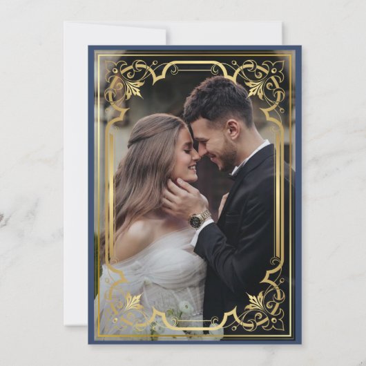 ロマンエレガント華美ティックなヴィンテージブルーの金ゴールド結婚 招待状 (裏面)