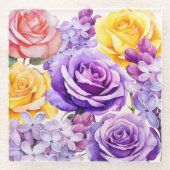 ロマンスバラ&薄紫フラワーズコースター ガラスコースター (正面)