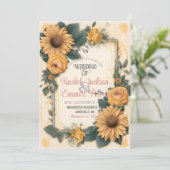 ロマンスマ結婚フラワーの黄色のローズ葉のフレーム 招待状 (スタンド正面)