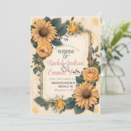 ロマンスマ結婚フラワーの黄色のローズ葉のフレーム 招待状 (スタンド正面)