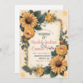 ロマンスマ結婚フラワーの黄色のローズ葉のフレーム 招待状 (正面/裏面)