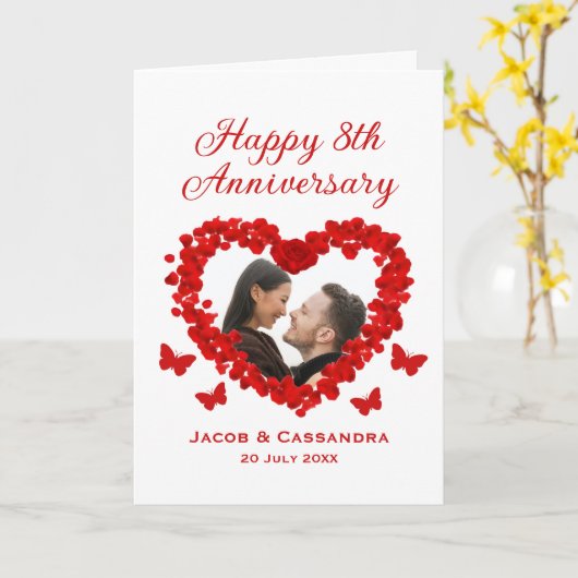 ロマンスレッドローズハートバタフライ写真記念日 カード (黄色い花)