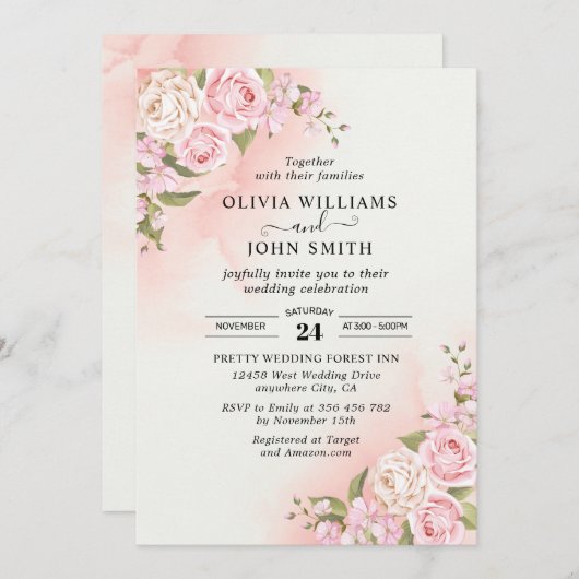 ロマンス・ヴィンテージ・ピンク・ローズの白い背景の招待 招待状 (正面/裏面)