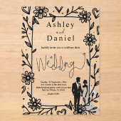 ロマンチお洒落ックな白黒のカップル結婚ズ アクリル招待状 (正面)