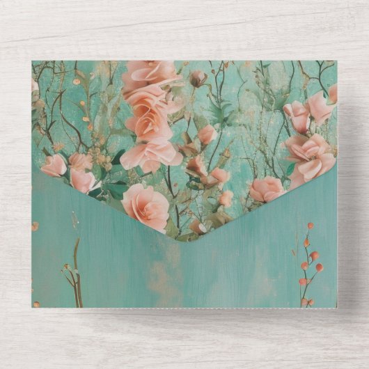 ロマンチかわいらしックティール（緑がかった色）赤面ピーチフラワー結婚ズ オールインワン招待状 (裏面)