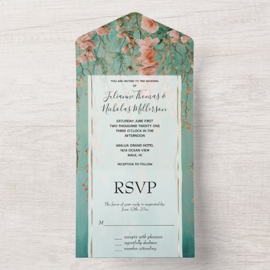ロマンチかわいらしックティール（緑がかった色）赤面ピーチフラワー結婚ズ オールインワン招待状 (内側)