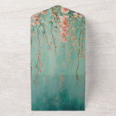 ロマンチかわいらしックティール(緑がかった色)赤面ピーチフラワー結婚ズ オールインワン招待状 (外側)