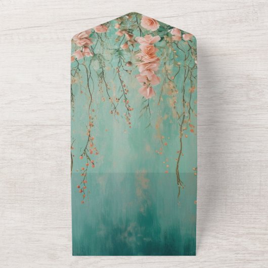 ロマンチかわいらしックティール（緑がかった色）赤面ピーチフラワー結婚ズ オールインワン招待状 (外側)