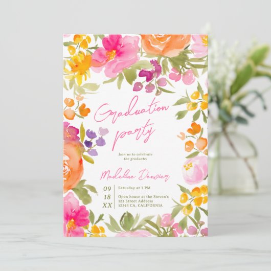 ロマンチかわいらしックピンクフローラ3枚の写真卒業 招待状 (スタンド正面)