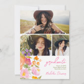 ロマンチかわいらしックピンクフローラ3枚の写真卒業 招待状 (裏面)