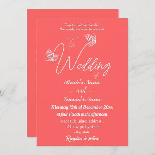 ロマンチエレガントックなコーラル結婚ピンク蝶 招待状 (正面/裏面)