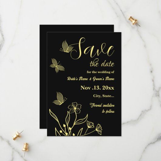 ロマンチエレガントックな金ゴールドの花結婚黒 セーブザデート (正面/裏面インサイチュ)