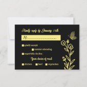 ロマンチエレガントックな金ゴールドの花結婚黒 出欠カード (正面)