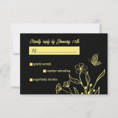 ロマンチエレガントックな金ゴールドの花結婚黒 出欠カード (正面)