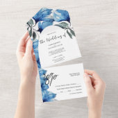ロマンチエレガントックな青い芸術的花 オールインワン招待状 (貼ってはがせる)