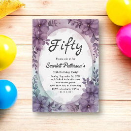 ロマンチエレガントックパープルバラフローラ50誕生日 招待状